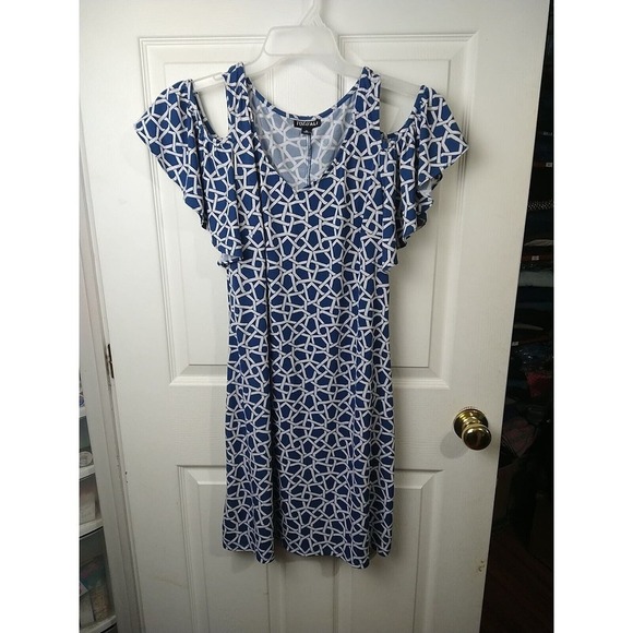 $ Roz & Ali Medium M Blue White Geometric Print Cold Shoulder Sheath Dress VNeck - Picture 1 of 10